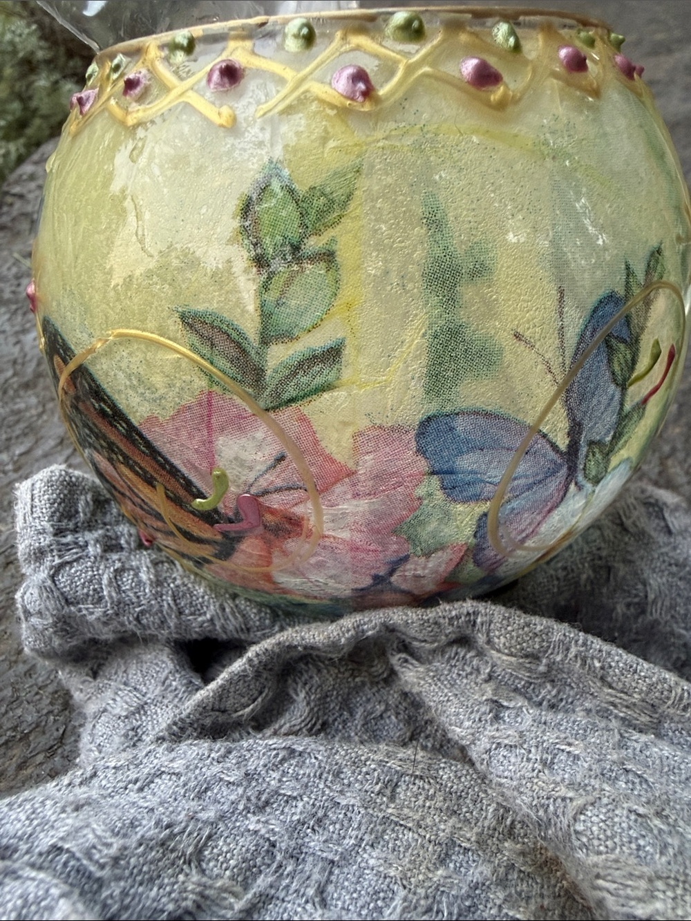 Hand-Painted Butterfly Glass Tea Light Holder in Blue, Pink and Gold - Picture 2 of 16
